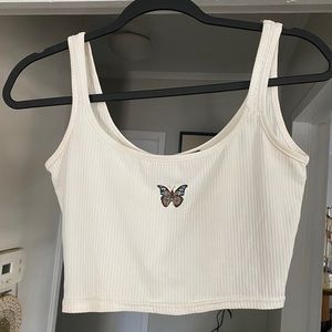 White cropped tank with embroidered butterfly